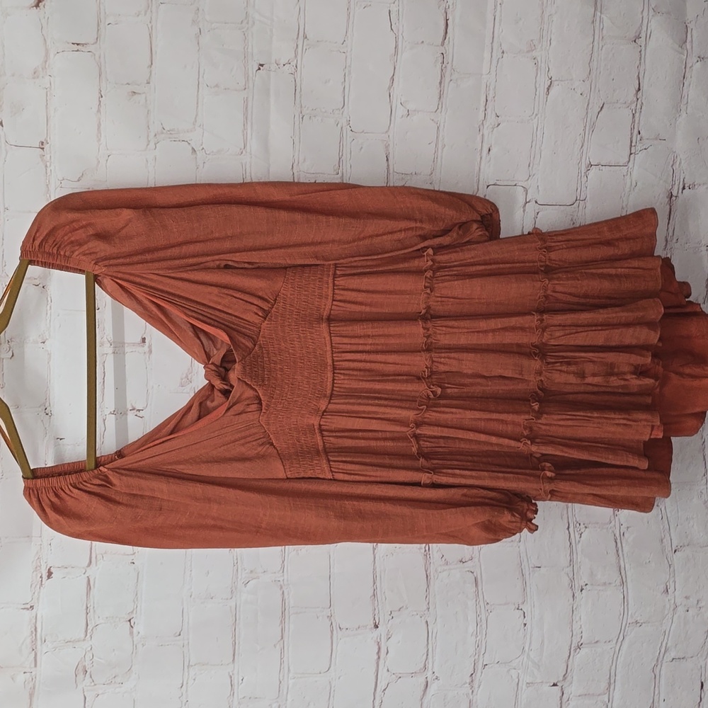 Mustard Seed Terracotta Puff Sleeves Mini Dress Cotton/Polyester Womens Size L - Picture 1 of 16